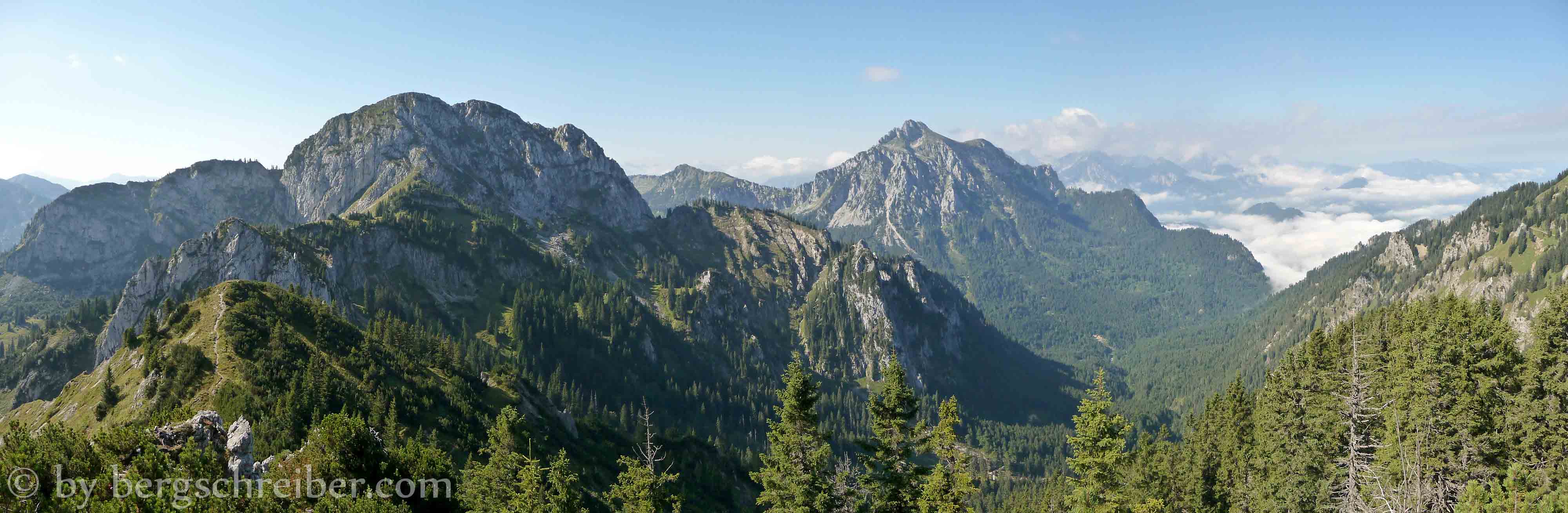 Ahornspitze Panorama: Hoher Straußberg, Säuling und die Hochnebeldecke im Voralpenland