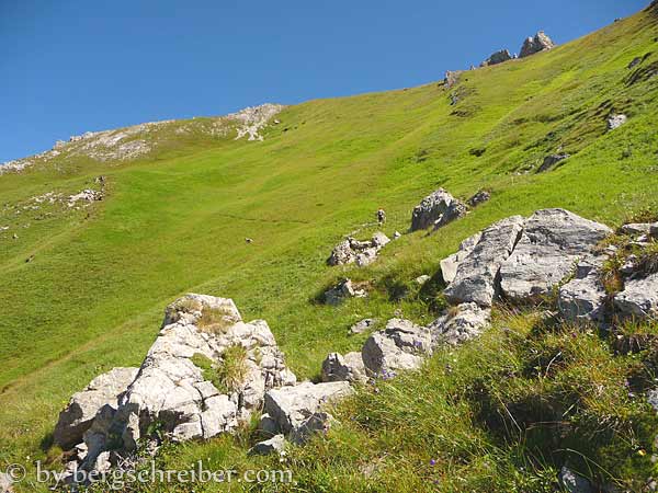 Sandegg, Abstieg durch die Steilgrasflanken auf der Aufstiegsroute ins Kelmer Kar